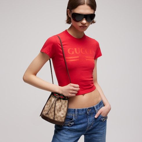 Mini Bucket Luxury Handbag With Web GG Coated Canvas