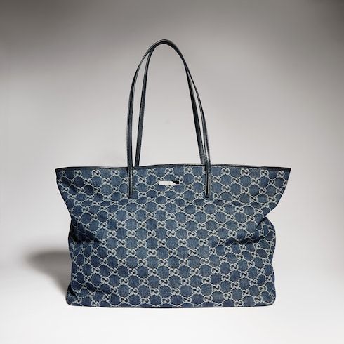 Large Designer Shoulder Tote With GG Denim And Logo Plaque