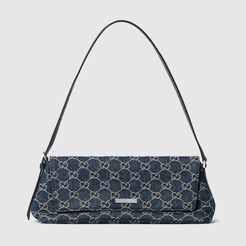 Madison Medium Shoulder Luxury Handbag With GG Denim And Logo Plaque