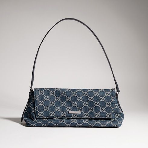 Madison Medium Shoulder Luxury Handbag With GG Denim And Logo Plaque