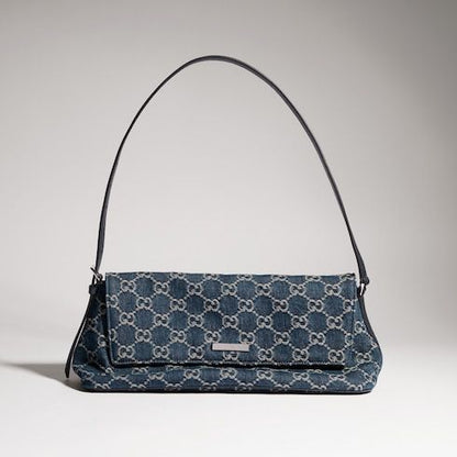 Madison Medium Shoulder Luxury Handbag With GG Denim And Logo Plaque
