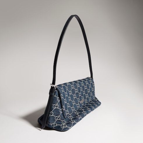 Madison Medium Shoulder Luxury Handbag With GG Denim And Logo Plaque