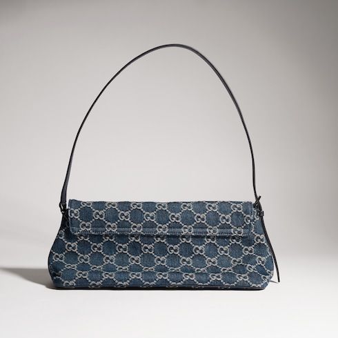 Madison Medium Shoulder Luxury Handbag With GG Denim And Logo Plaque