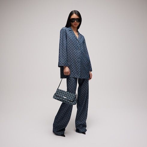 Madison Medium Shoulder Luxury Handbag With GG Denim And Logo Plaque