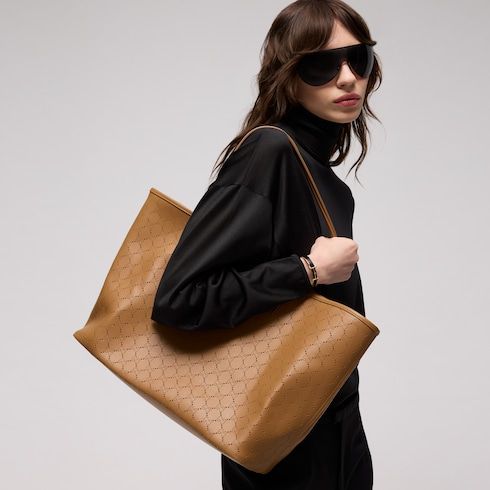 Large Designer Shoulder Tote With Perforated GG Leather