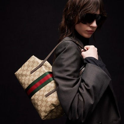 Medium Boston Luxury Handbag With Web GG Coated Canvas