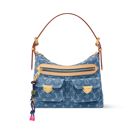 Luxury Handbaggy NM Blue Denim Cowhide-Leather Trim Gold-Toned Hardware