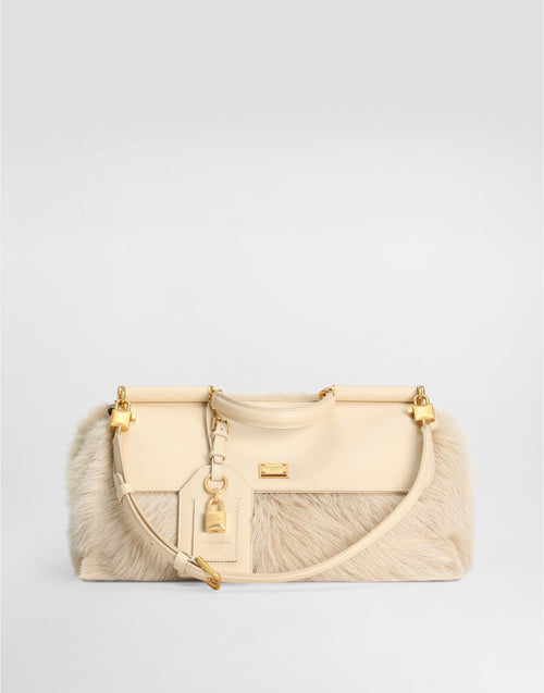 Medium My Sicily Handbag Fur and Plongé Calfskin Beige Vintage Brass Hardware