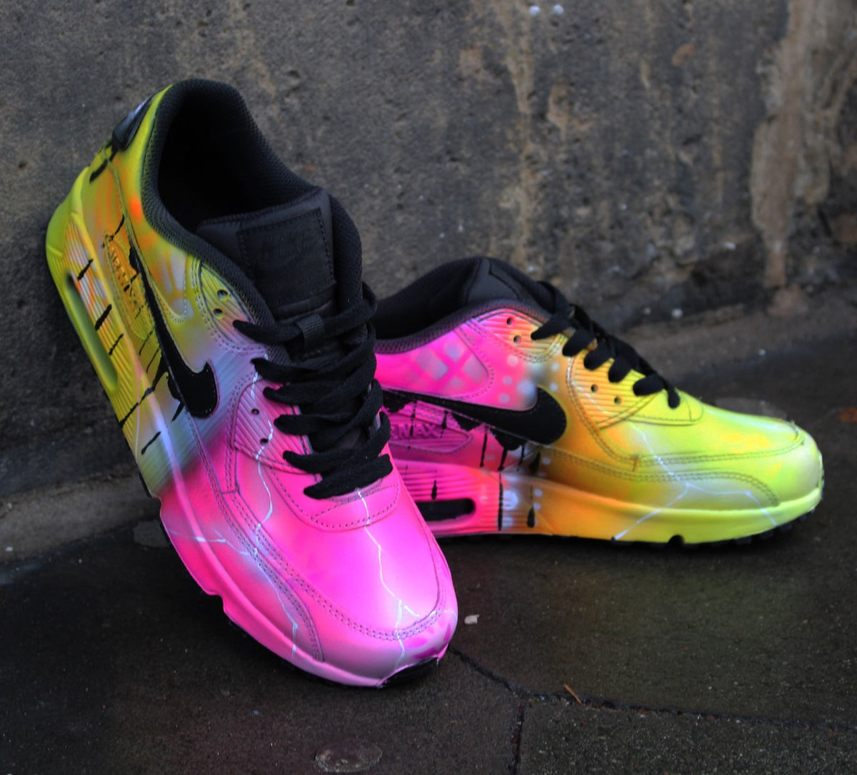 Custom Nike Air Max 90 "Yellow vs. Pink" unique and handpainted sneakers