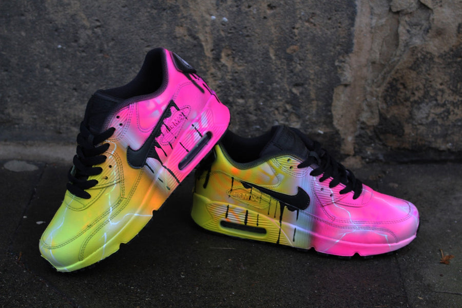 Custom Nike Air Max 90 "Yellow vs. Pink" unique and handpainted sneakers