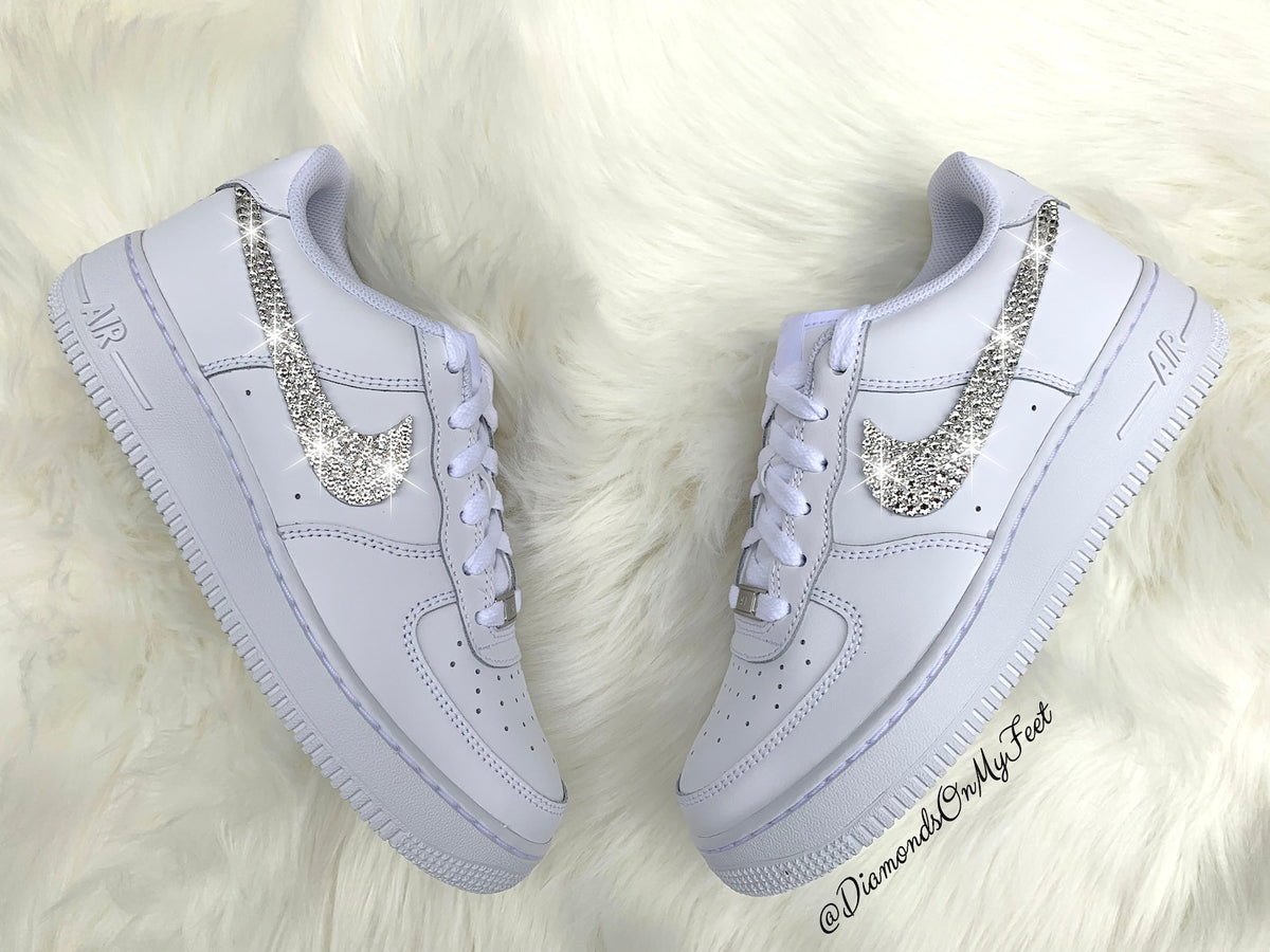 Swarovski Women's Nike Air Force 1 All White Low Sneakers Blinged Out With Authentic Clear Swarovski Crystals Custom Bling Nike Shoes