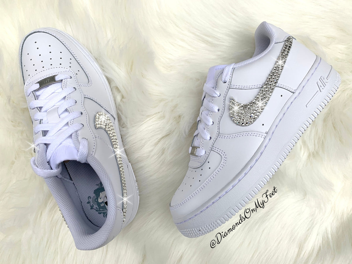 Swarovski Women's Nike Air Force 1 All White Low Sneakers Blinged Out With Authentic Clear Swarovski Crystals Custom Bling Nike Shoes