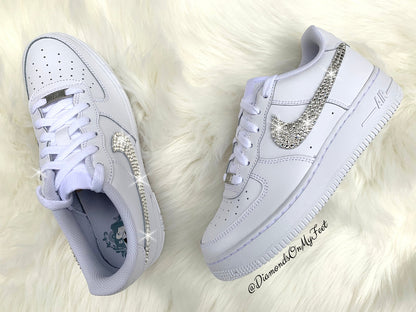 Swarovski Women's Nike Air Force 1 All White Low Sneakers Blinged Out With Authentic Clear Swarovski Crystals Custom Bling Nike Shoes