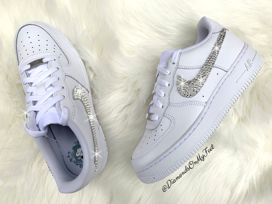 Swarovski Women's Nike Air Force 1 All White Low Sneakers Blinged Out With Authentic Clear Swarovski Crystals Custom Bling Nike Shoes