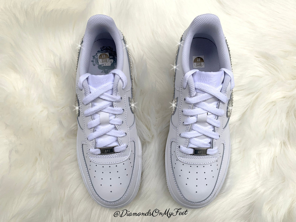 Swarovski Women's Nike Air Force 1 All White Low Sneakers Blinged Out With Authentic Clear Swarovski Crystals Custom Bling Nike Shoes