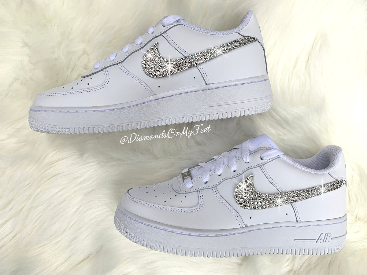 Swarovski Women's Nike Air Force 1 All White Low Sneakers Blinged Out With Authentic Clear Swarovski Crystals Custom Bling Nike Shoes