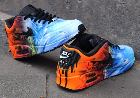 Nike Air Max 90 Leather "FIRE&ICE" Style Painted Custom Shoes Sneaker Airbrush Kicks rare shoes *UNIKAT* handpainted shoes dripping swoosh