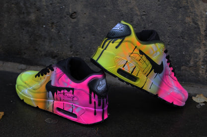 Custom Nike Air Max 90 "Yellow vs. Pink" unique and handpainted sneakers