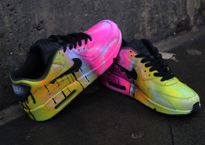 Custom Nike Air Max 90 "Yellow vs. Pink" unique and handpainted sneakers