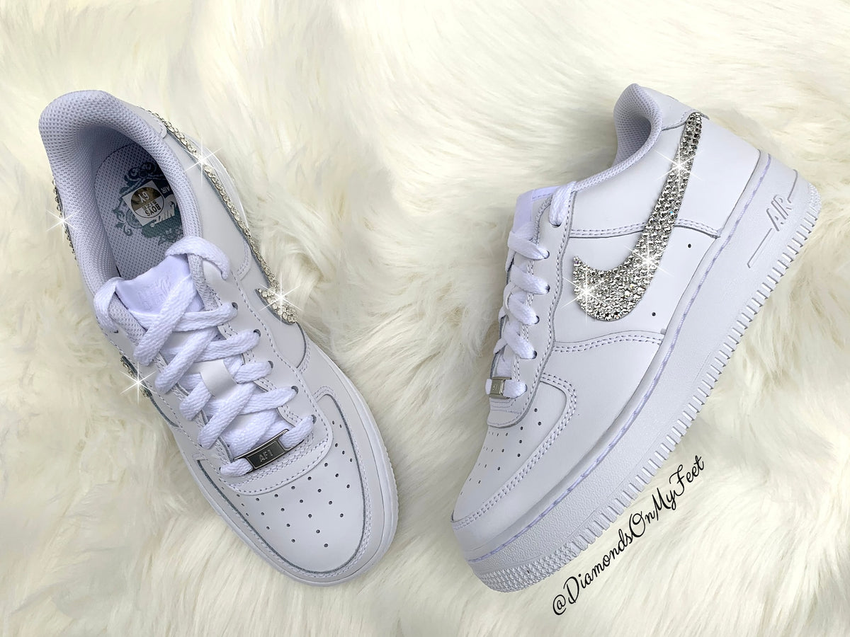 Swarovski Women's Nike Air Force 1 All White Low Sneakers Blinged Out With Authentic Clear Swarovski Crystals Custom Bling Nike Shoes