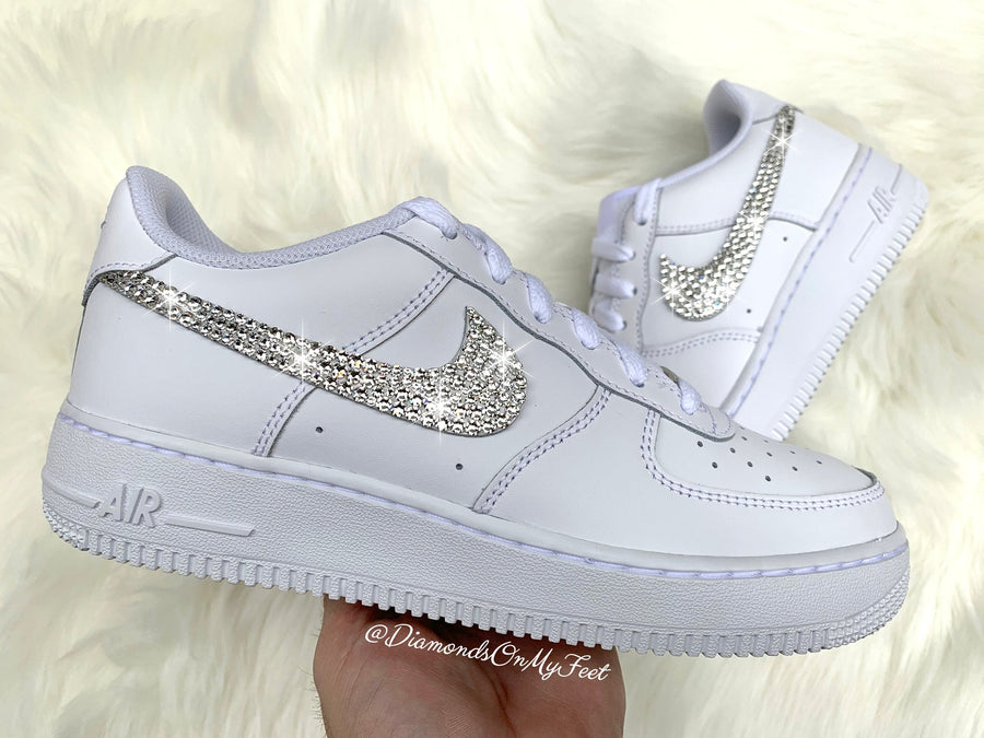 Swarovski Women's Nike Air Force 1 All White Low Sneakers Blinged Out With Authentic Clear Swarovski Crystals Custom Bling Nike Shoes