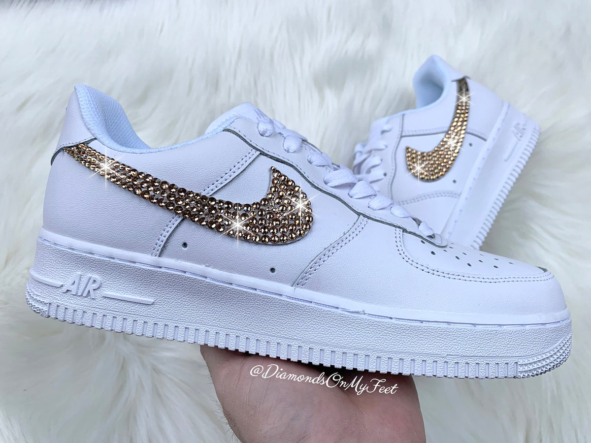 Swarovski Women's Nike Air Force 1 All White Low Sneakers Blinged Out With Authentic Clear Swarovski Crystals Custom Bling Nike Shoes