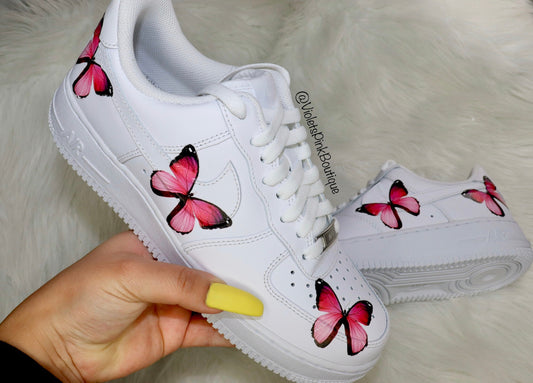 Nike Air Force One Pink Butterflies Women's Custom Sneakers Nike Women's Tie Shoes