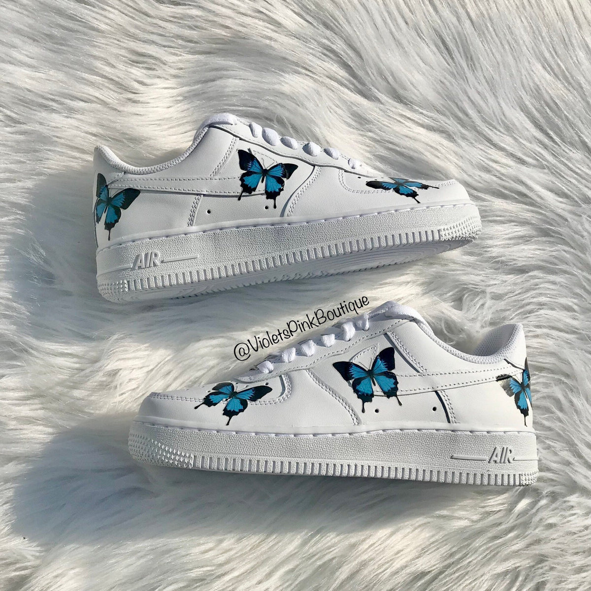 Custom Nike Air Force One Blue Butterflies Women's Custom Butterfly Sneakers- Gift Ideas