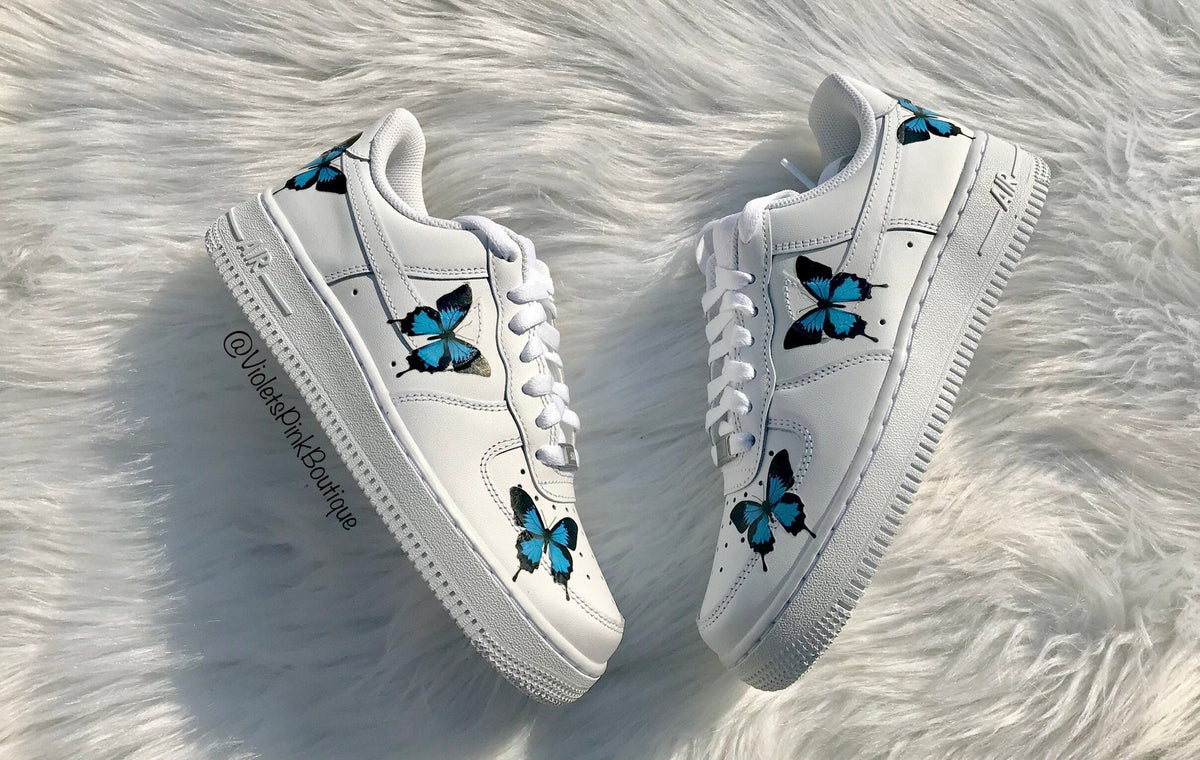 Custom Nike Air Force One Blue Butterflies Women's Custom Butterfly Sneakers- Gift Ideas