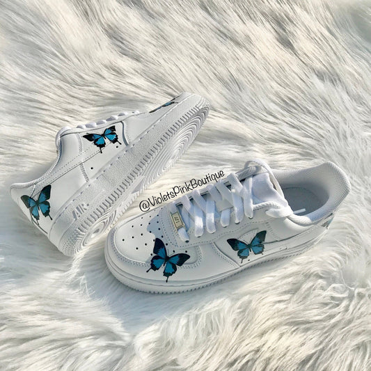 Custom Nike Air Force One Blue Butterflies Women's Custom Butterfly Sneakers- Gift Ideas