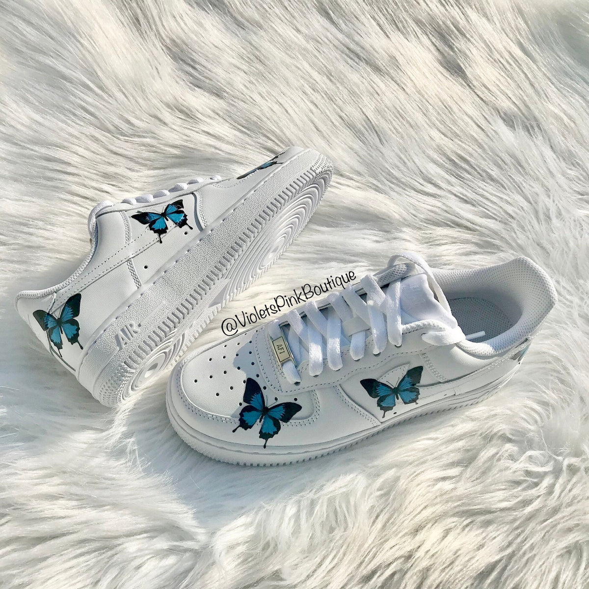 Custom Nike Air Force One Blue Butterflies Women's Custom Butterfly Sneakers- Gift Ideas