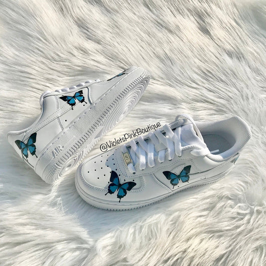 Custom Nike Air Force One Blue Butterflies Women's Custom Butterfly Sneakers- Gift Ideas