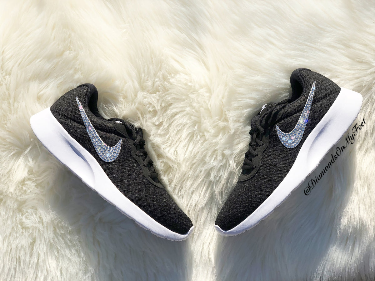 Swarovski Women's Nike Air Max Tanjun Black & White Sneakers Blinged Out With Authentic Clear Swarovski Crystals Custom Bling Nike Shoes