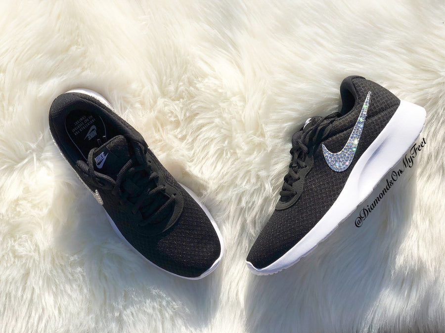 Swarovski Women's Nike Air Max Tanjun Black & White Sneakers Blinged Out With Authentic Clear Swarovski Crystals Custom Bling Nike Shoes