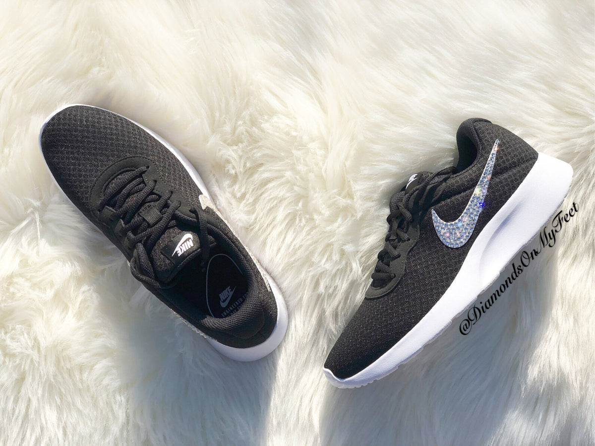 Swarovski Women's Nike Air Max Tanjun Black & White Sneakers Blinged Out With Authentic Clear Swarovski Crystals Custom Bling Nike Shoes