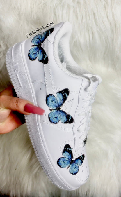 Custom Nike Air Force 1s Blue Butterflies Women's Custom Butterfly Sneakers On Sale Gifts