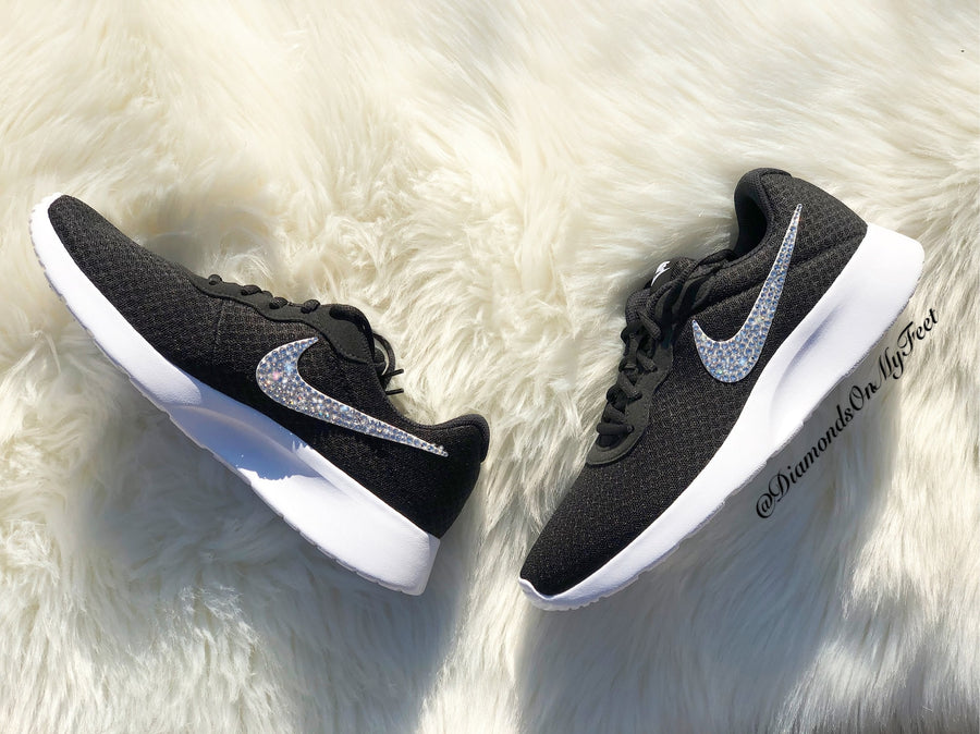 Swarovski Women's Nike Air Max Tanjun Black & White Sneakers Blinged Out With Authentic Clear Swarovski Crystals Custom Bling Nike Shoes
