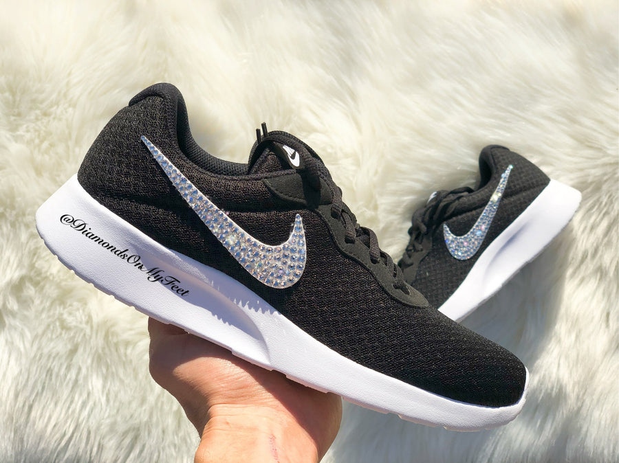 Swarovski Women's Nike Air Max Tanjun Black & White Sneakers Blinged Out With Authentic Clear Swarovski Crystals Custom Bling Nike Shoes