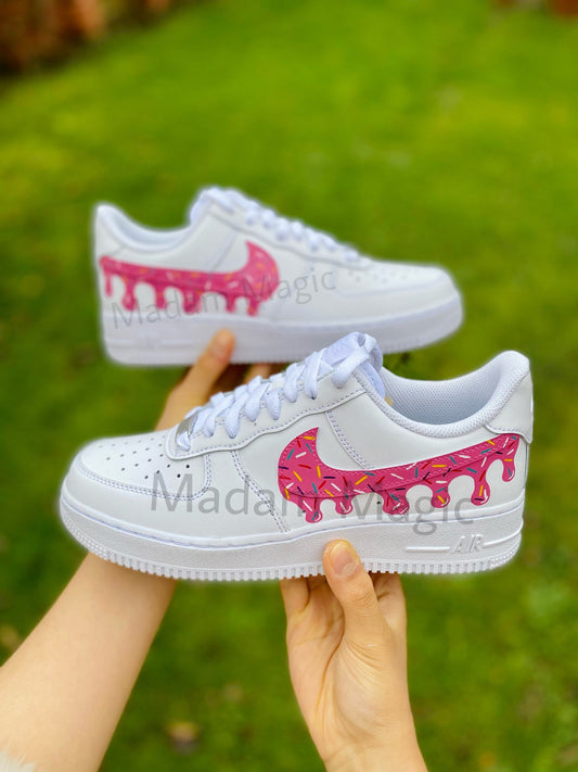 Hand Painted Custom Air Force 1 Low Pink Donut Doughnut Drip AF1 Customized Made to Order Woman Man Sneakers Handmade Shoes