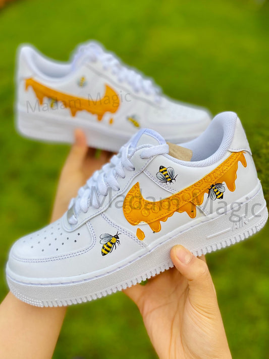 Hand Painted Custom Air Force 1 Low Bee Honey Honeycomb Drip Bumblebee AF1 Customized Made to Order Woman Man Sneakers Handmade