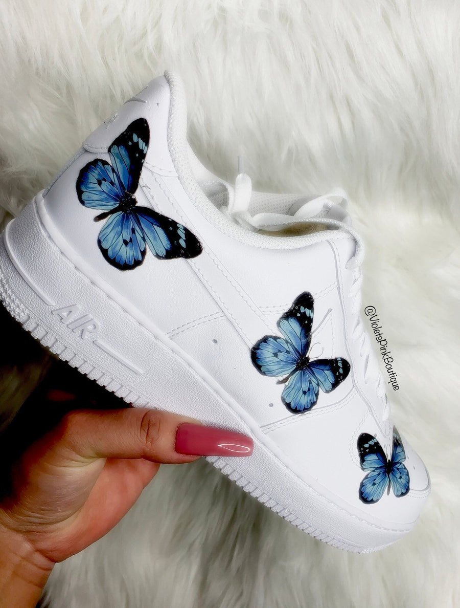Custom Nike Air Force 1s Blue Butterflies Women's Custom Butterfly Sneakers On Sale Gifts