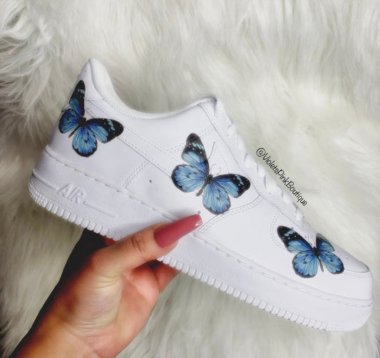Custom Nike Air Force 1s Blue Butterflies Women's Custom Butterfly Sneakers On Sale Gifts