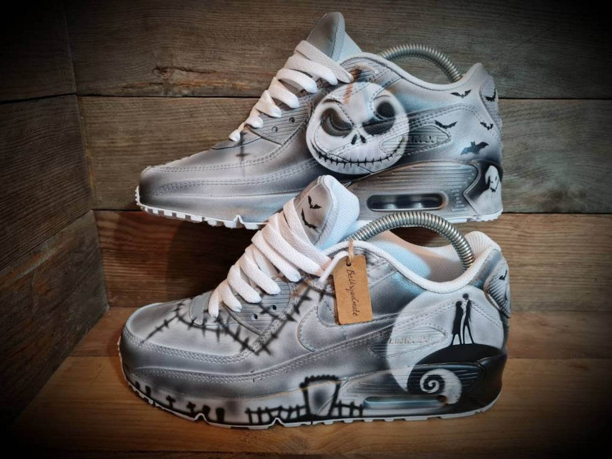 Custom Painted Air Max 90/Sneakers/Shoes/Kicks/Premium/Personalised/Halloween/Nightmare Before Christmas (Black/Grey Edition)