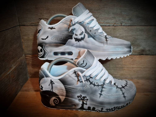 Custom Painted Air Max 90/Sneakers/Shoes/Kicks/Premium/Personalised/Halloween/Nightmare Before Christmas (Black/Grey Edition)