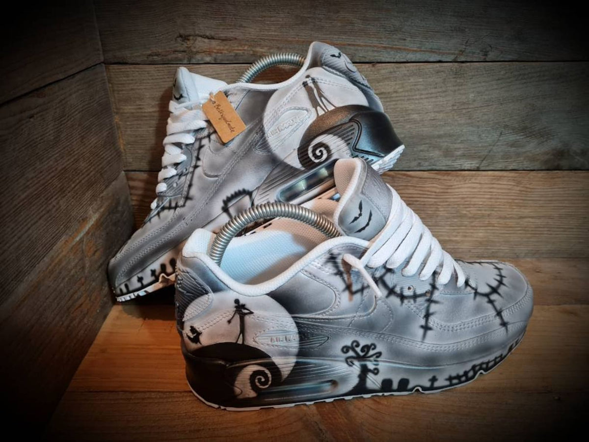 Custom Painted Air Max 90/Sneakers/Shoes/Kicks/Premium/Personalised/Halloween/Nightmare Before Christmas (Black/Grey Edition)