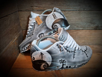 Custom Painted Air Max 90/Sneakers/Shoes/Kicks/Premium/Personalised/Halloween/Nightmare Before Christmas (Black/Grey Edition)