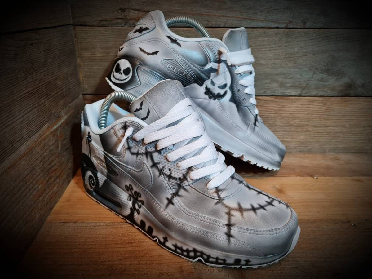 Custom Painted Air Max 90/Sneakers/Shoes/Kicks/Premium/Personalised/Halloween/Nightmare Before Christmas (Black/Grey Edition)