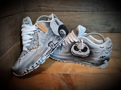 Custom Painted Air Max 90/Sneakers/Shoes/Kicks/Premium/Personalised/Halloween/Nightmare Before Christmas (Black/Grey Edition)