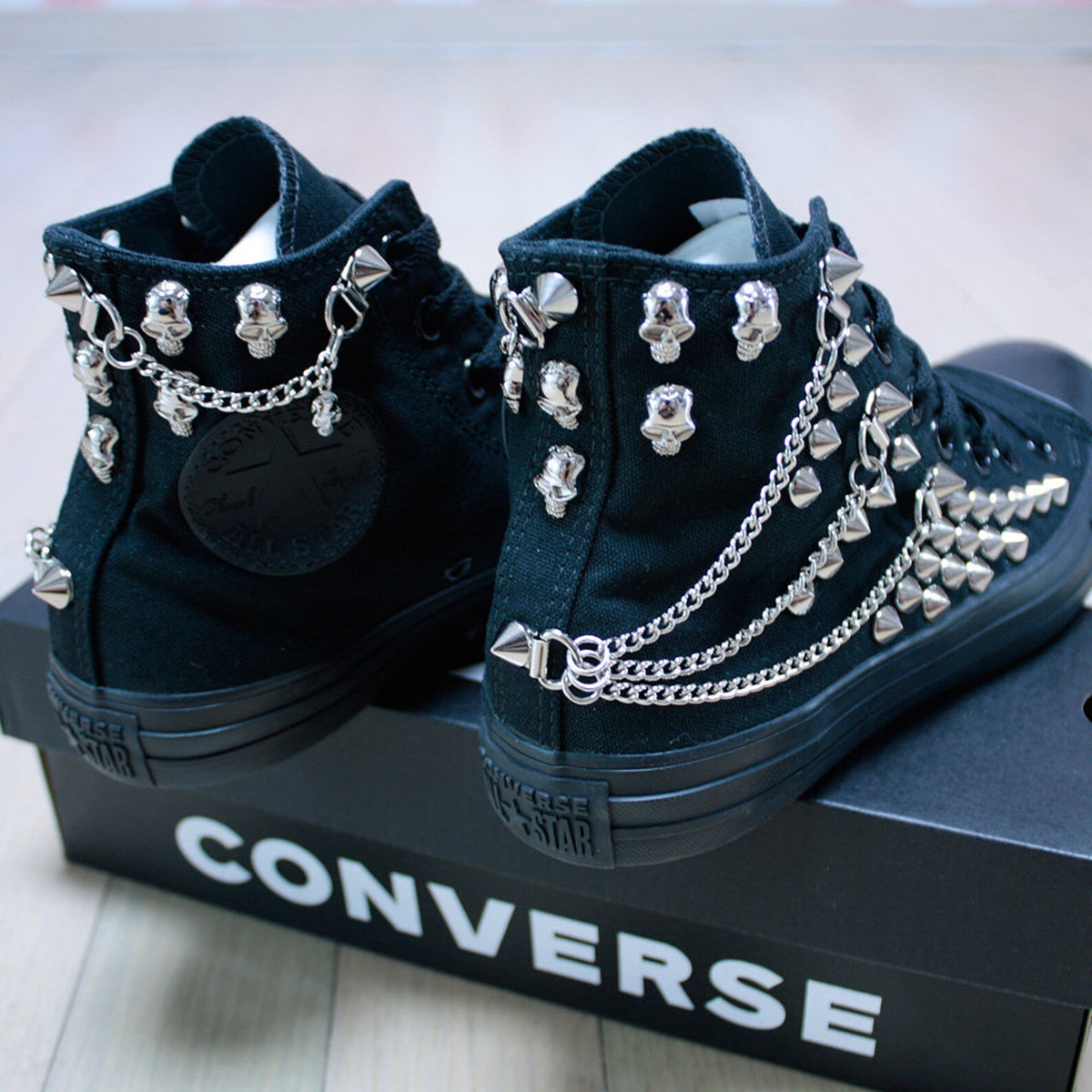 Studded CONVERSE Chucks Sneakers High Tops Monocrome-Black with Chains & Skulls Shoes Goth Metallica Spike Punk Rock