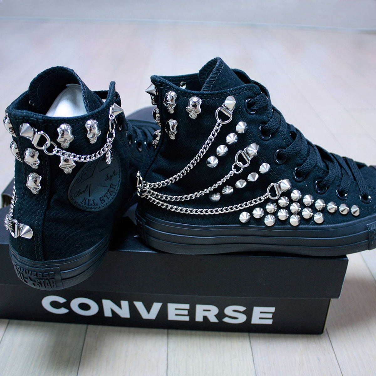 Studded CONVERSE Chucks Sneakers High Tops Monocrome-Black with Chains & Skulls Shoes Goth Metallica Spike Punk Rock